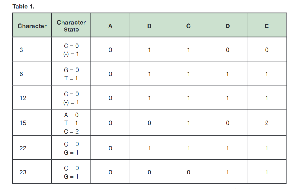 Table 1. Character Character State C=0 (-) = 1 G= 0 | Chegg.com