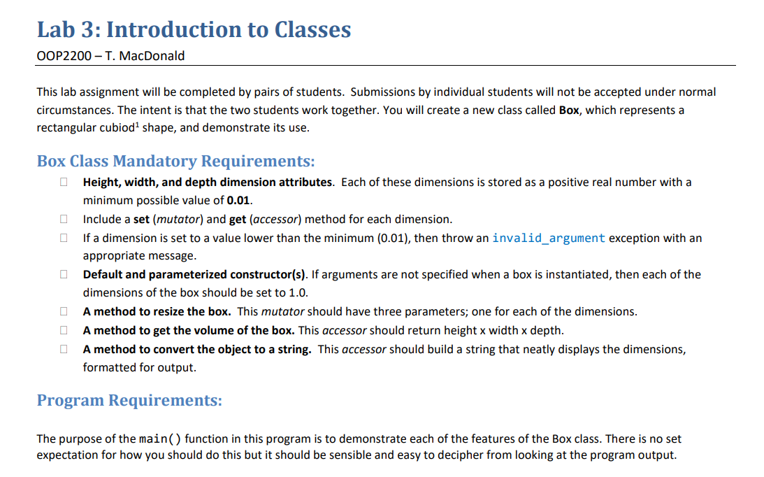 Solved Lab 3: Introduction to Classes OOP2200 - T. MacDonald | Chegg.com
