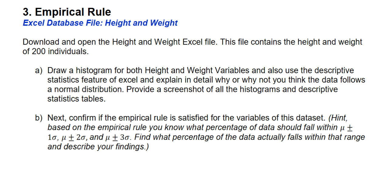 Solved 3. Empirical Rule Excel Database File: Height and | Chegg.com