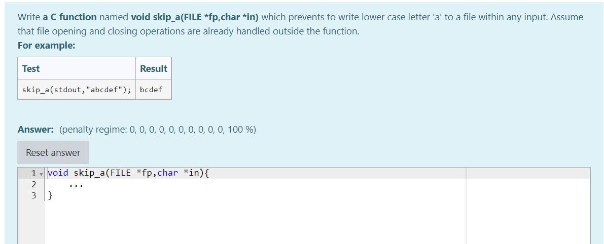 Solved Write a C function named void skip_a(FILE *fp,char | Chegg.com