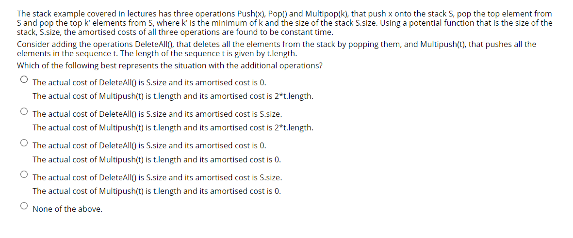 Solved The stack example covered in lectures has three | Chegg.com