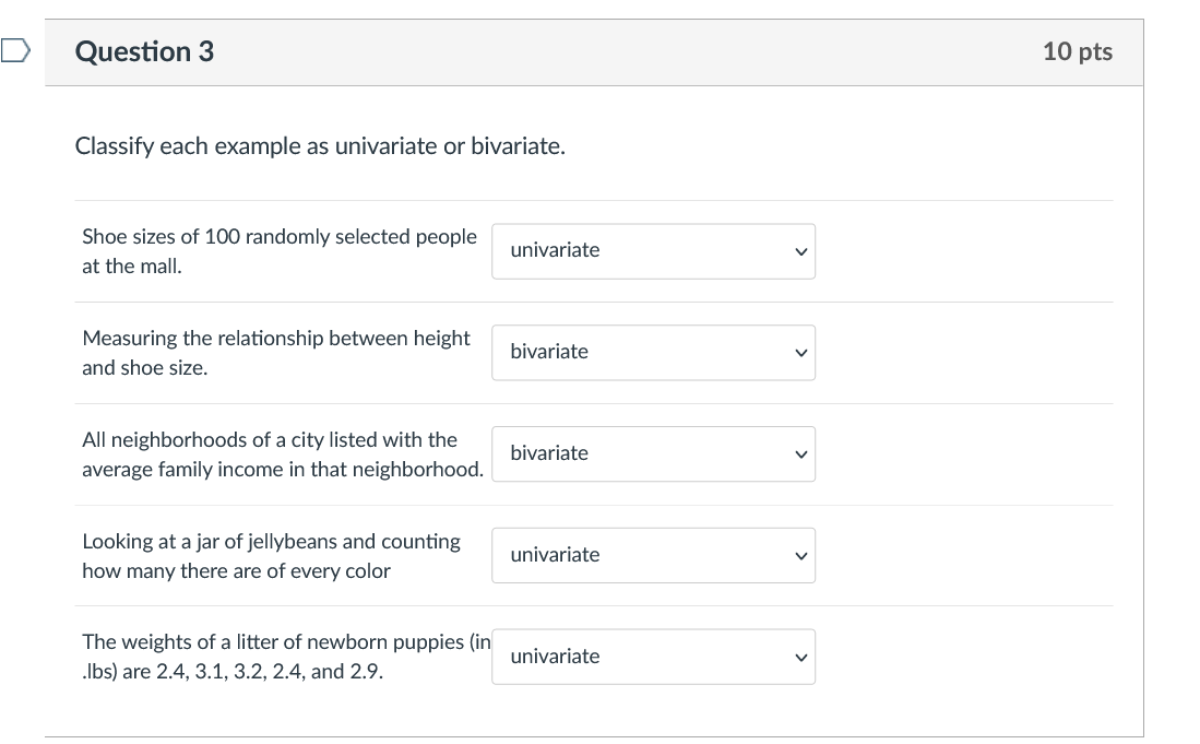 Solved Question 3 10 pts Classify each example as univariate | Chegg.com