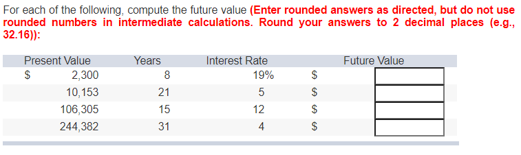 Solved For each of the following compute the future value | Chegg.com