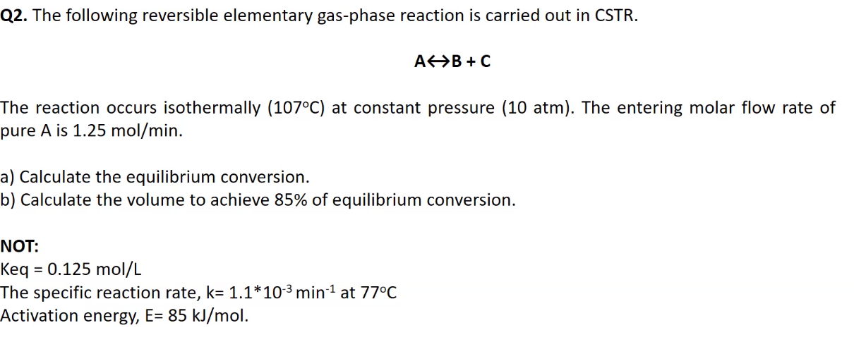 Solved Q2. The following reversible elementary gas-phase | Chegg.com