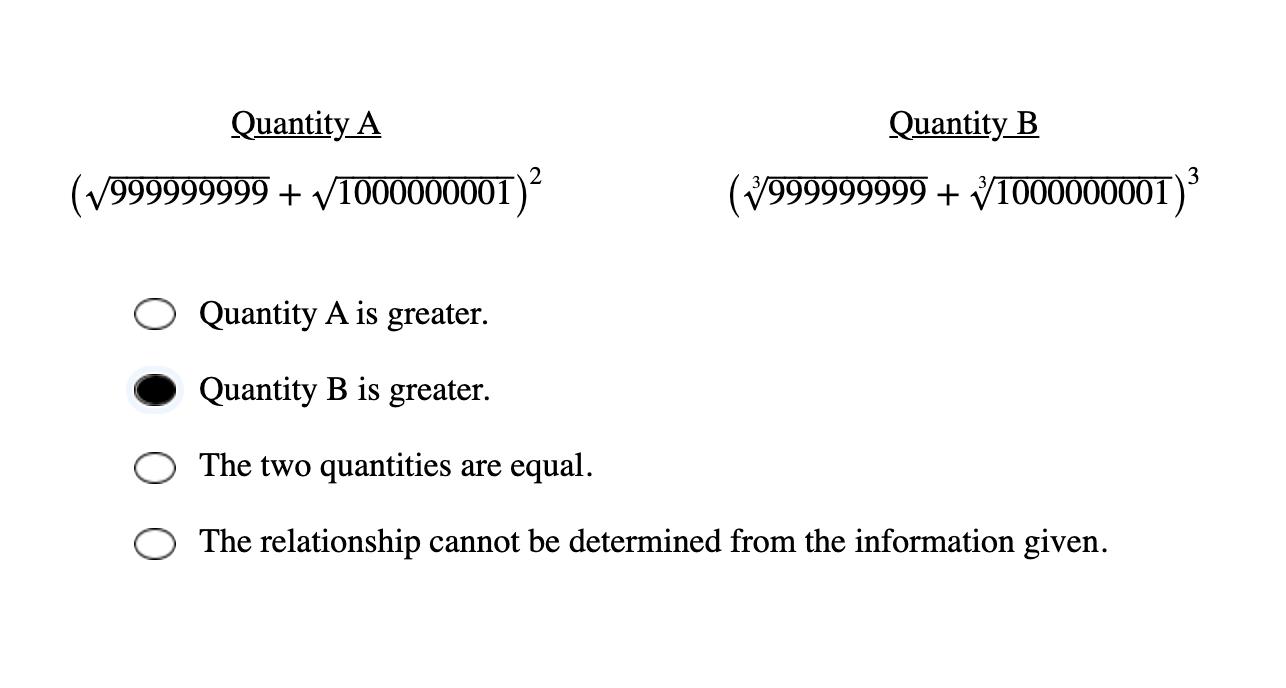 Solved Quantity A Quantity B (9999999999 + V1000000001) 2 | Chegg.com