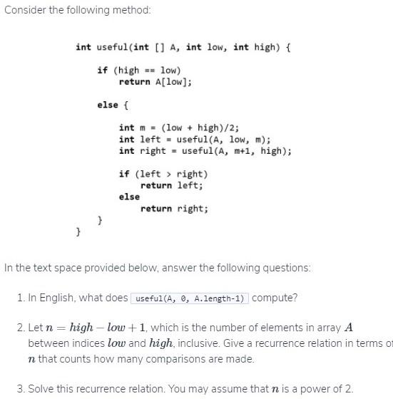 Solved Consider the following method: int useful (int[] a, | Chegg.com