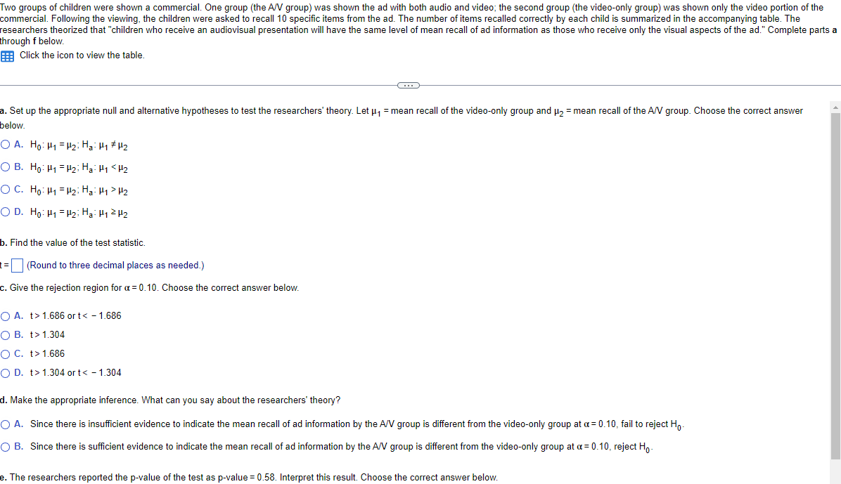 Solved AV ﻿groupμ1= ﻿mean recall of ﻿the videoonly group