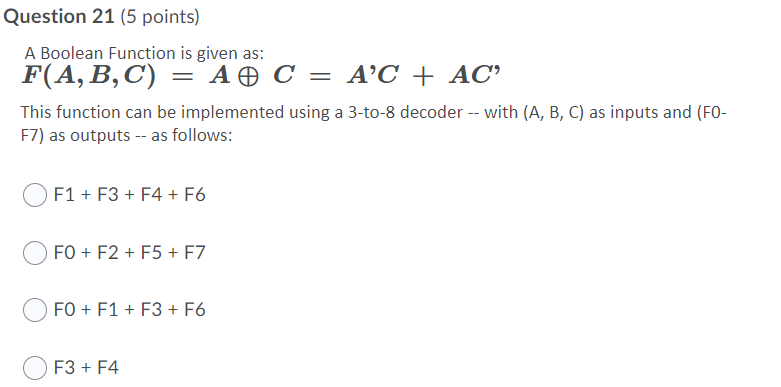 Solved Question 21 (5 Points) A Boolean Function Is Given | Chegg.com