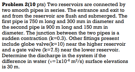 Solved Problem 2(10 Pts) Two Reservoirs Are Connected By Two | Chegg.com