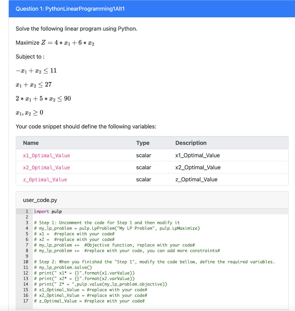 Solved Question 1: PythonLinear Programming1Alt1 Solve the | Chegg.com