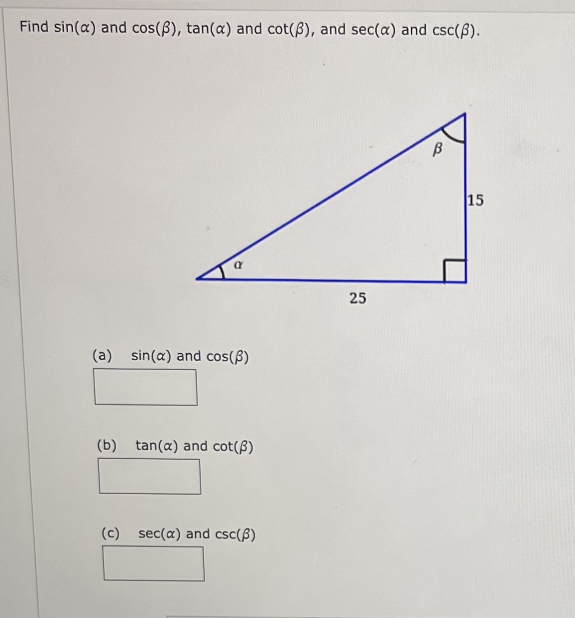 Solved Find sin(α) and cos(β),tan(α) and cot(β), and sec(α) | Chegg.com