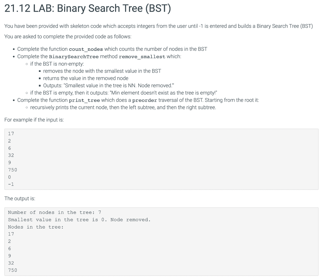 Solved 21.12 LAB: Binary Search Tree (BST) You have been | Chegg.com