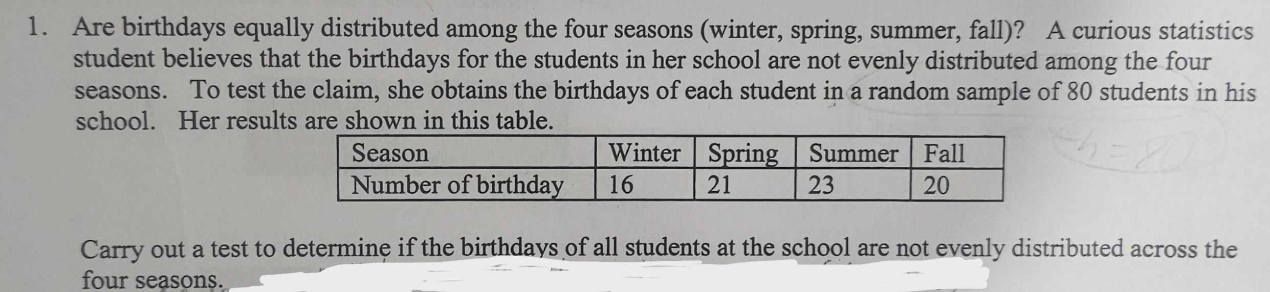 Solved Are birthdays equally distributed among the four