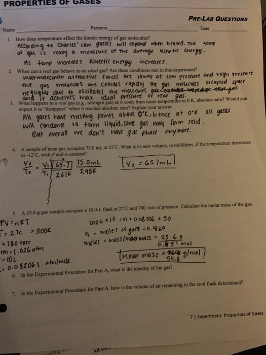 Solved PROPERTIES OF GASES PRELAB QUESTIONS Partners Name