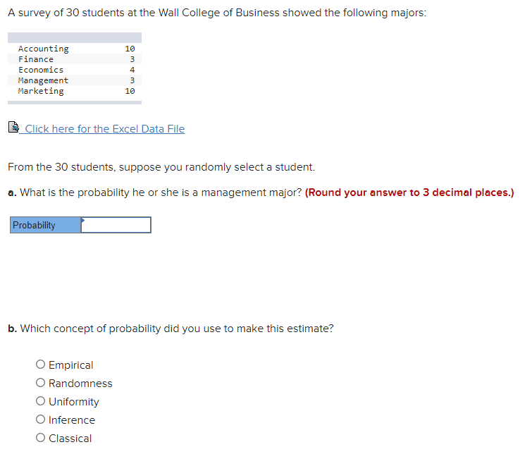 Solved A survey of 30 students at the Wall College of | Chegg.com