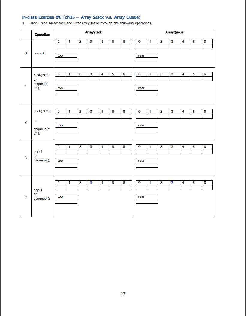 Solved In-class Exercise #6 (ch05 – Array Stack v.s. Array | Chegg.com
