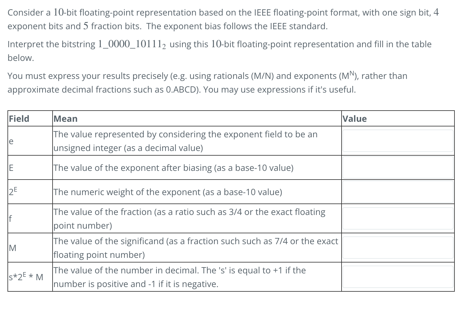Solved Consider a 10 -bit floating-point representation | Chegg.com