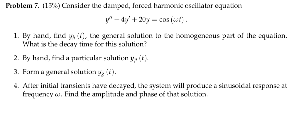 Solved Problem 7. (15%) Consider the damped, forced harmonic | Chegg.com