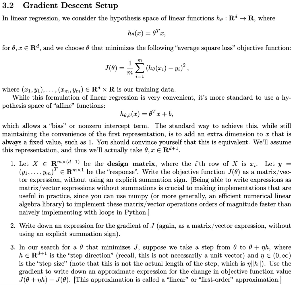 linear regression using gradient descent(python... 3.2 Gradient Descent Setup In linear regression, we | Chegg.com
