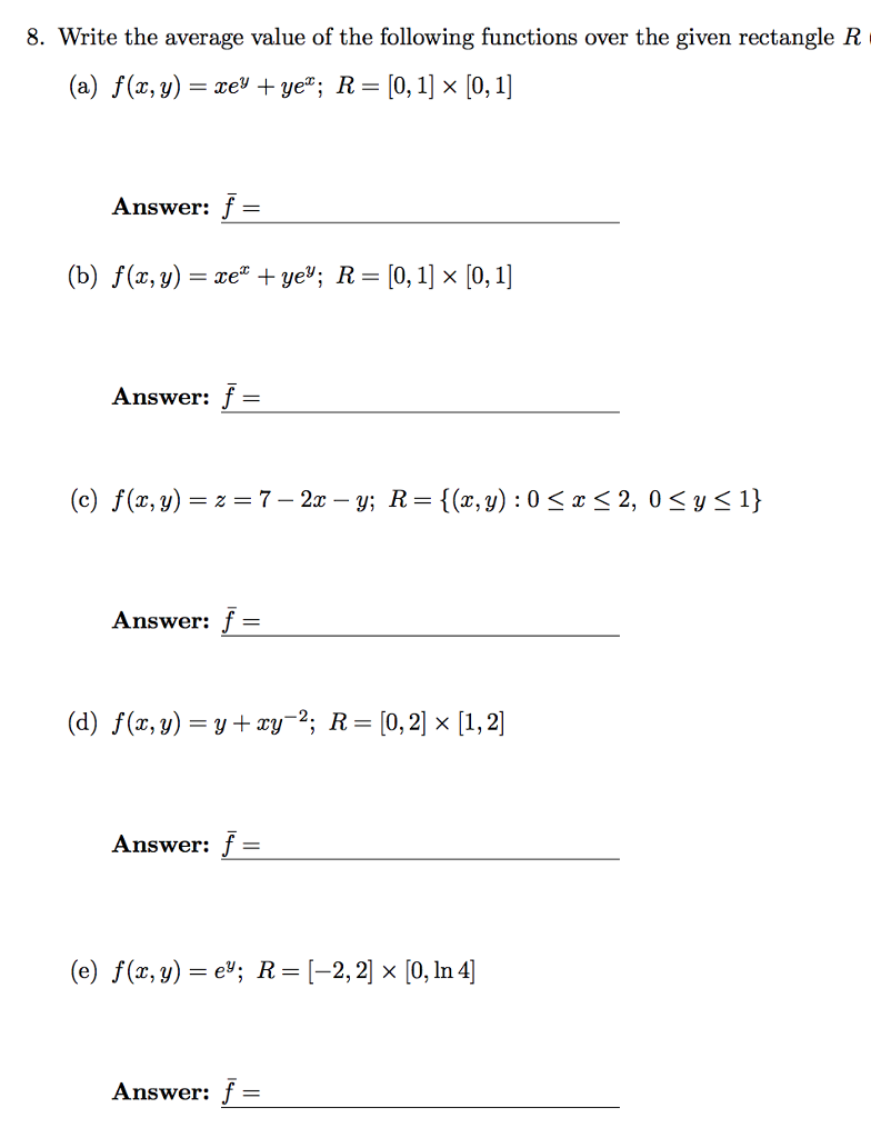 Solved 8. Write the average value of the following functions | Chegg.com
