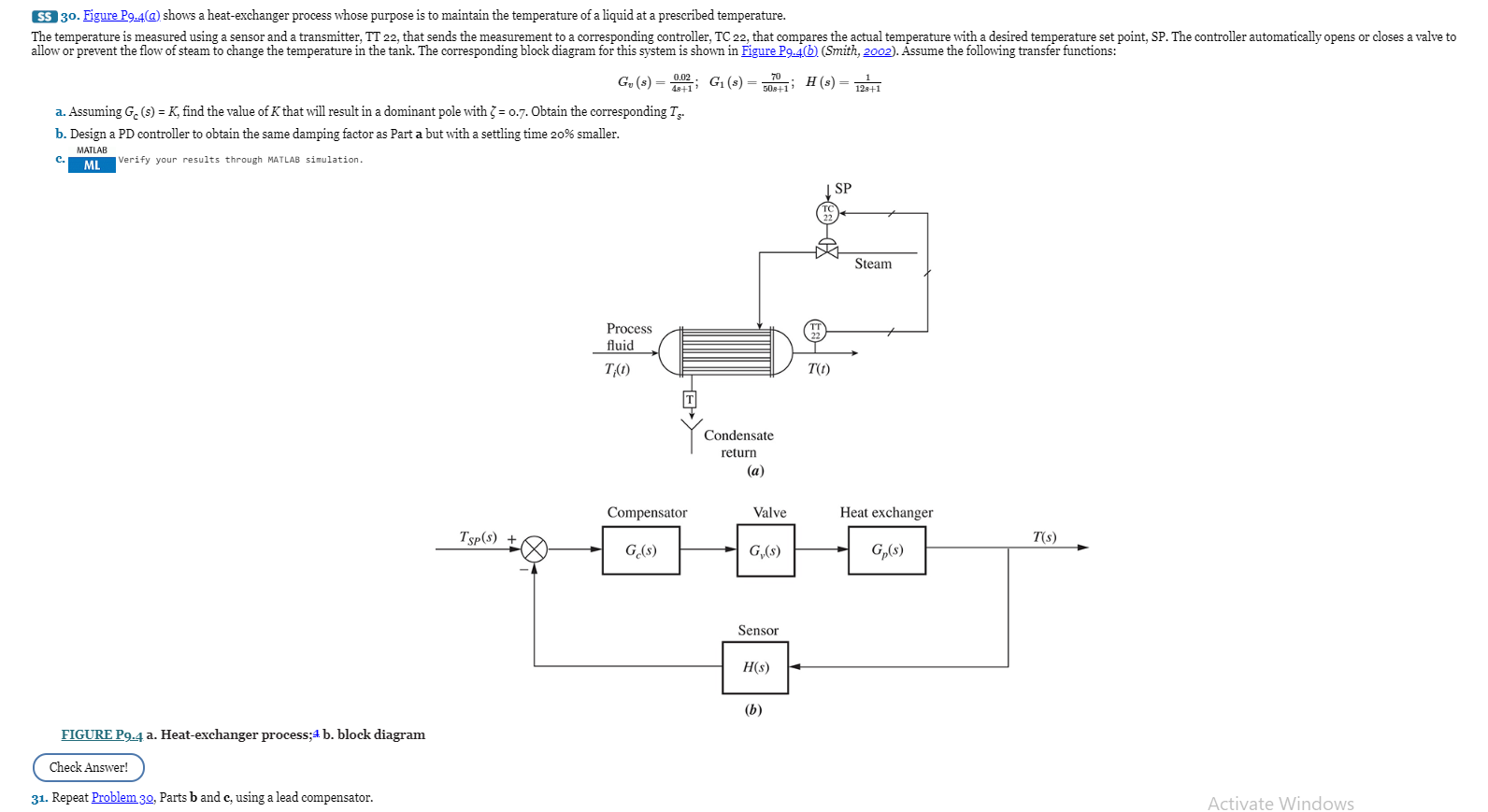 Solved SS 30. Figure P9.4@) Shows A Heat-exchanger Process | Chegg.com