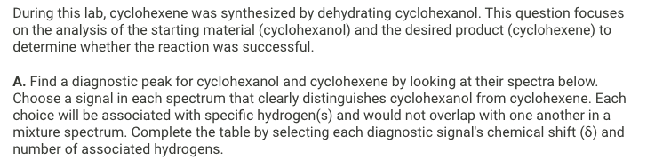 During this lab, cyclohexene was synthesized by dehydrating cyclohexanol. This question focuses on the analysis of the starti