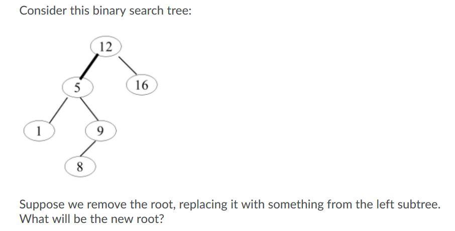 Solved Consider this binary search tree: 12 5 5 16 1 9 8 | Chegg.com