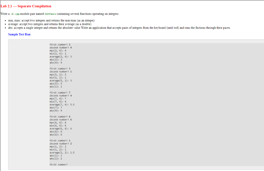 Solved Lab 2.1-Separate Compilation rite a.h.cpp module pair | Chegg.com