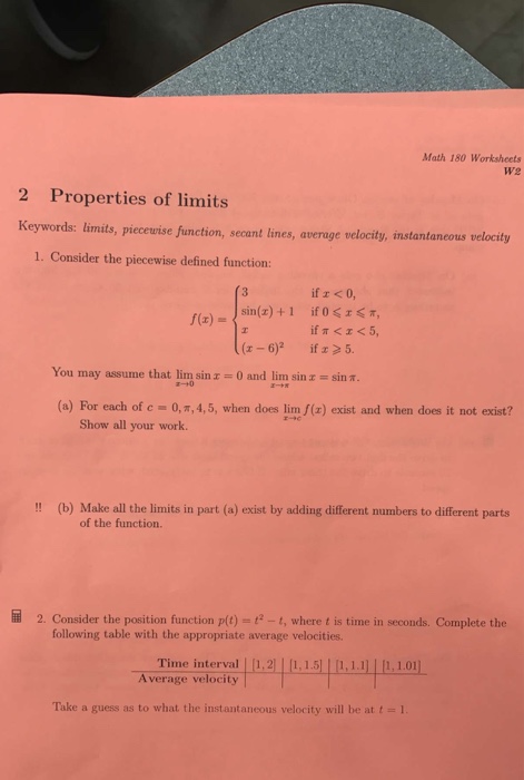 Solved: Math 180 Worksheets We 2 Properties Of Limits Keyw... | Chegg.com