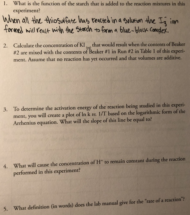 Solved 1. What is the function of the starch that is added | Chegg.com