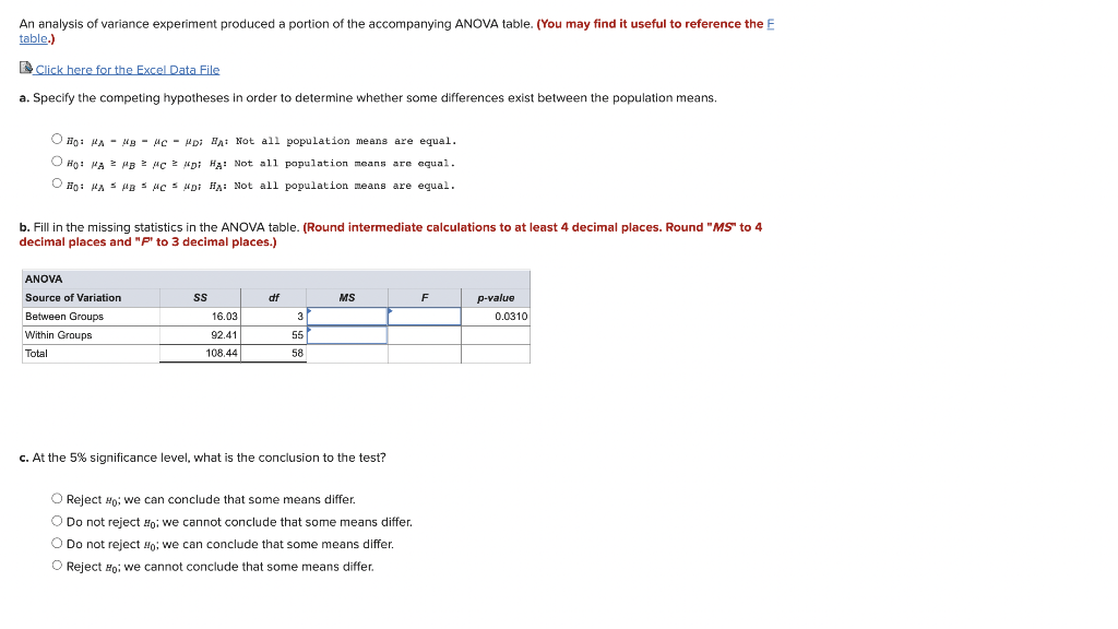 Solved An Analysis Of Variance Experiment Produced A Portion | Chegg.com