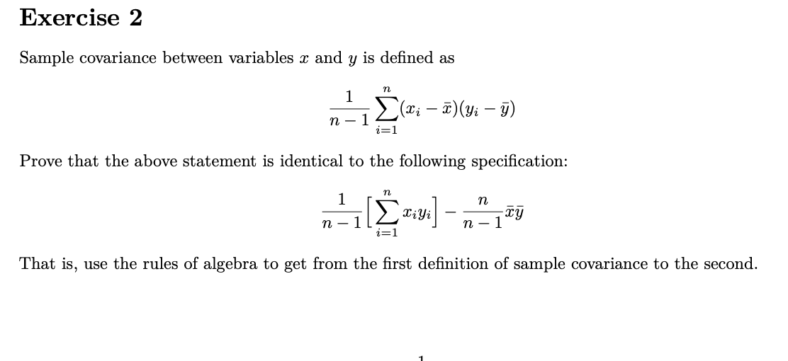 Solved Exercise 2 Sample covariance between variables x and