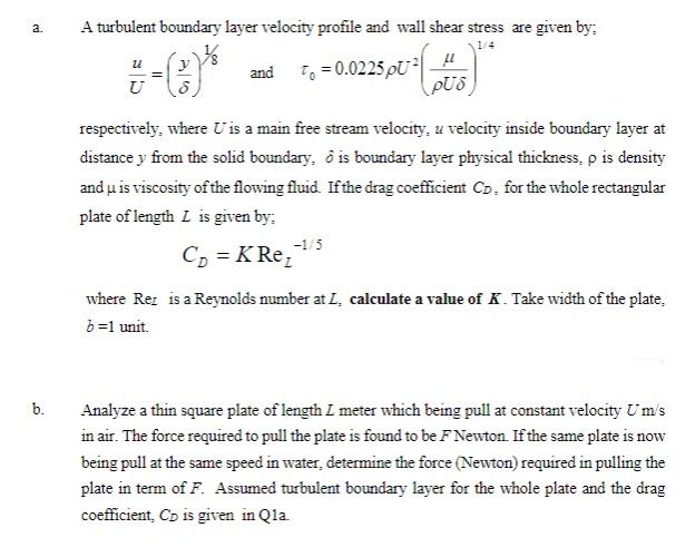Solved a. A turbulent boundary layer velocity profile and | Chegg.com