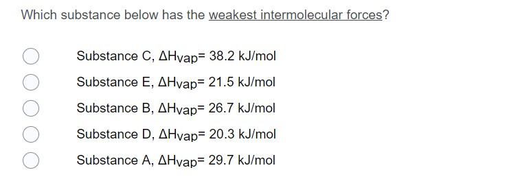 Solved Which Substance Below Has The Weakest Intermolecular | Chegg.com Solved Which Substance Below Has The Weakest Intermolecular | Chegg.com