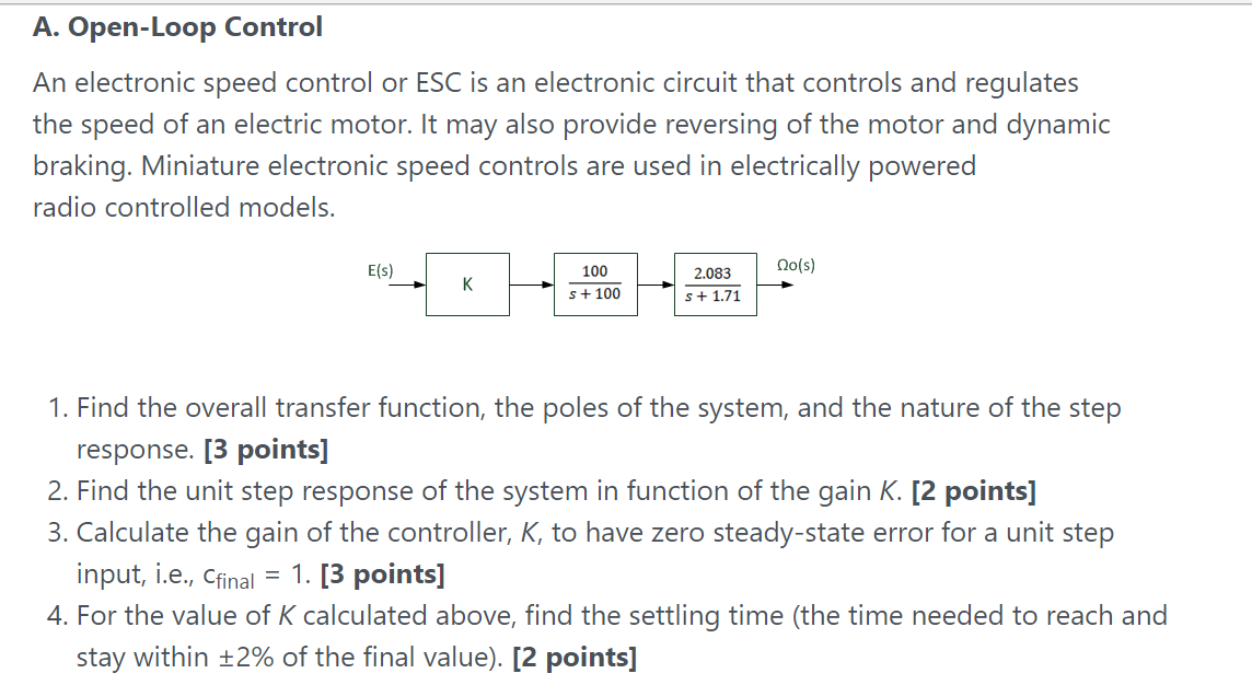 Solved A. Open-Loop Control An electronic speed control or | Chegg.com