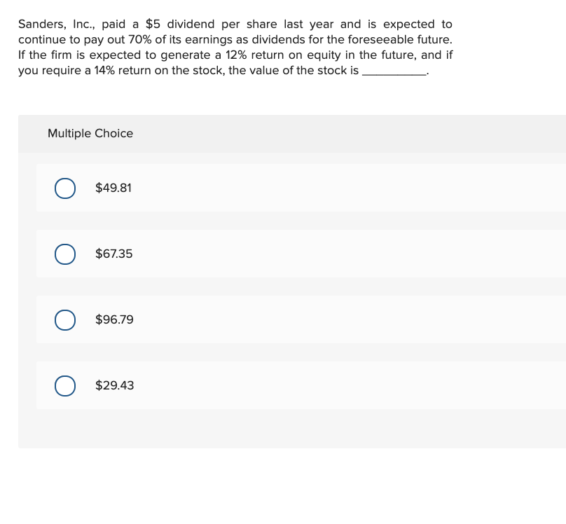 Solved Sanders, Inc., paid a 5 dividend per share last year