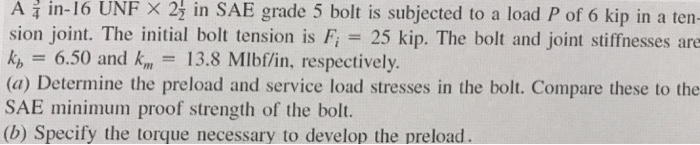 Solved AS in-16 UNF × 2: in SAE grade 5 bolt is subjected to | Chegg.com
