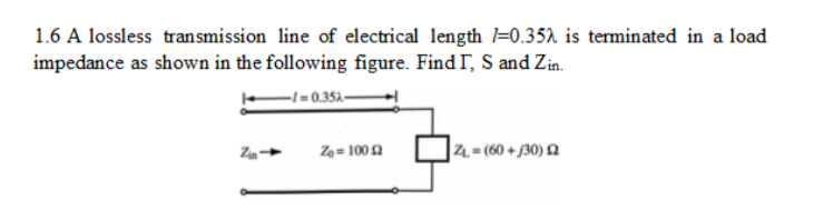 Solved 1.6 A lossless transmission line of electrical length | Chegg.com