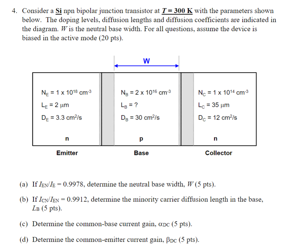 Solved 4. Consider a Si npn bipolar junction transistor at T | Chegg.com