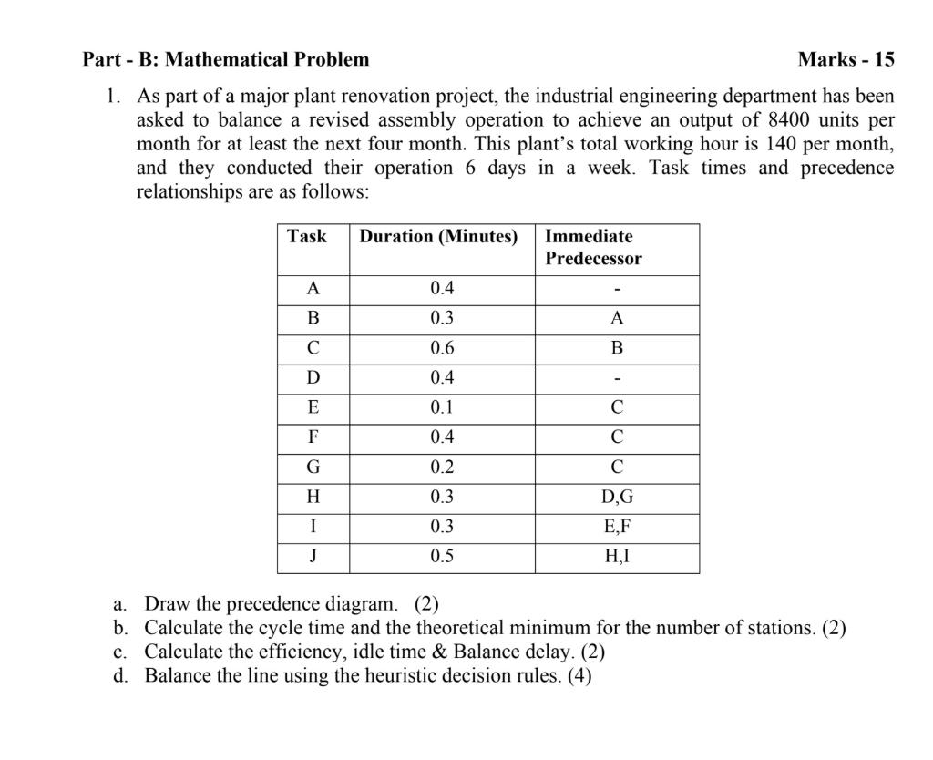 Solved Part - B: Mathematical Problem Marks - 15 1. As part | Chegg.com