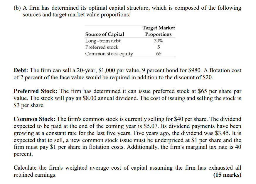 Solved (b) A Firm Has Determined Its Optimal Capital | Chegg.com