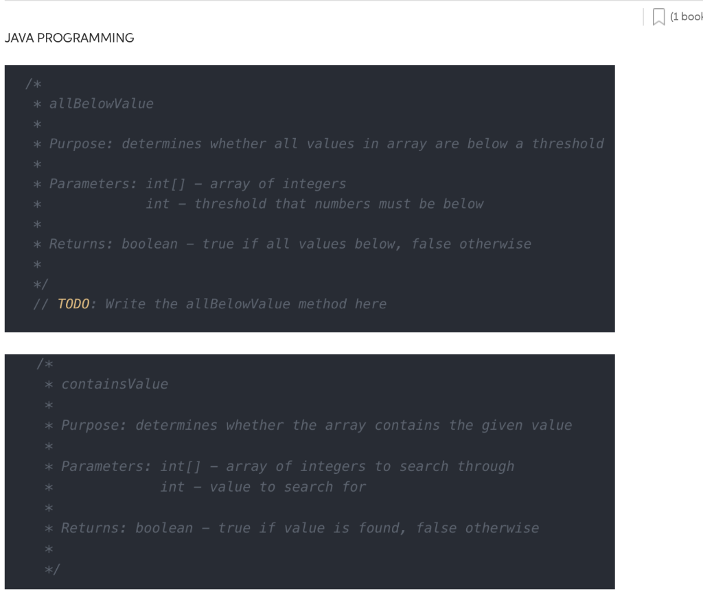 Solved (1 bool JAVA PROGRAMMING * * allBelowValue * * | Chegg.com
