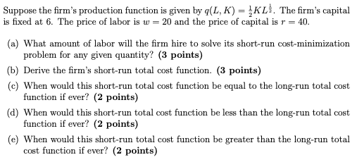Solved Suppose the firm's production function is given by | Chegg.com