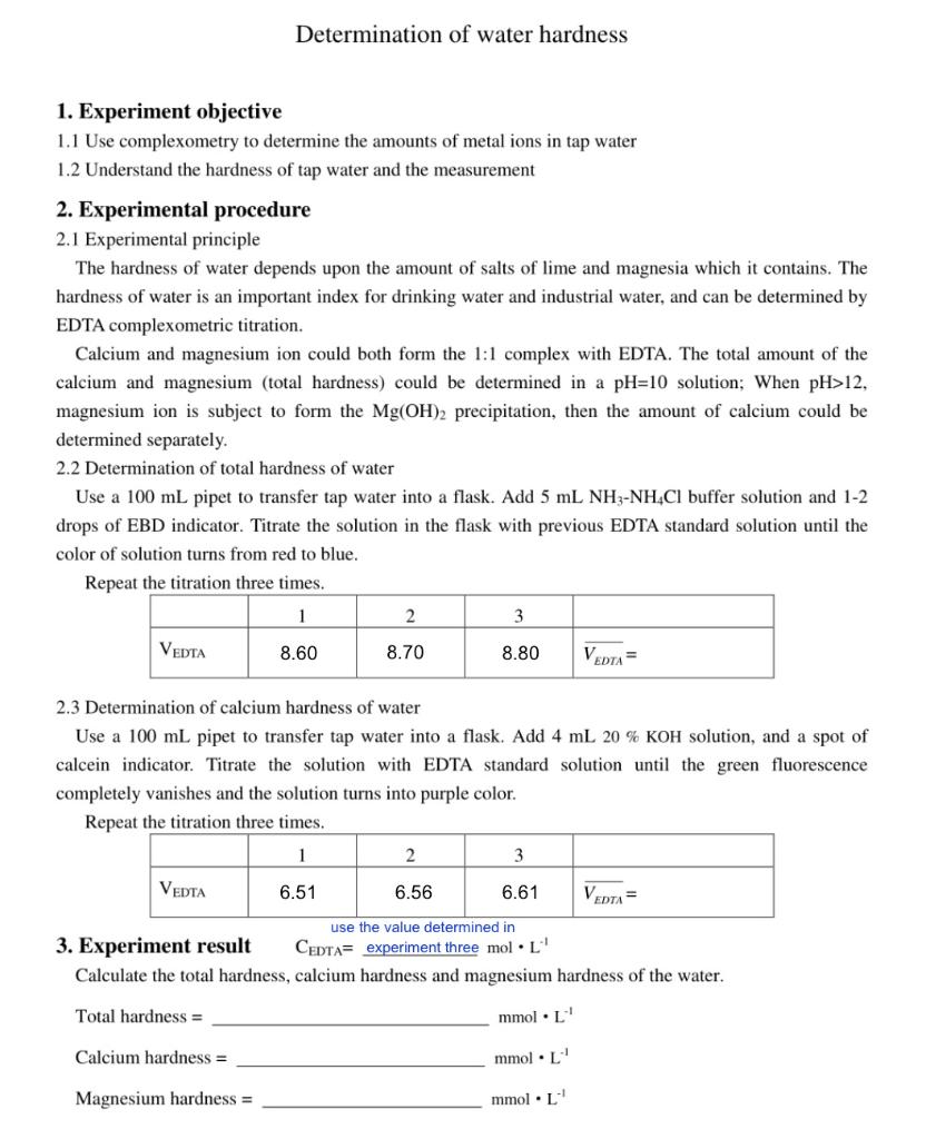 Solved Determination Of Water Hardness 1. Experiment | Chegg.com