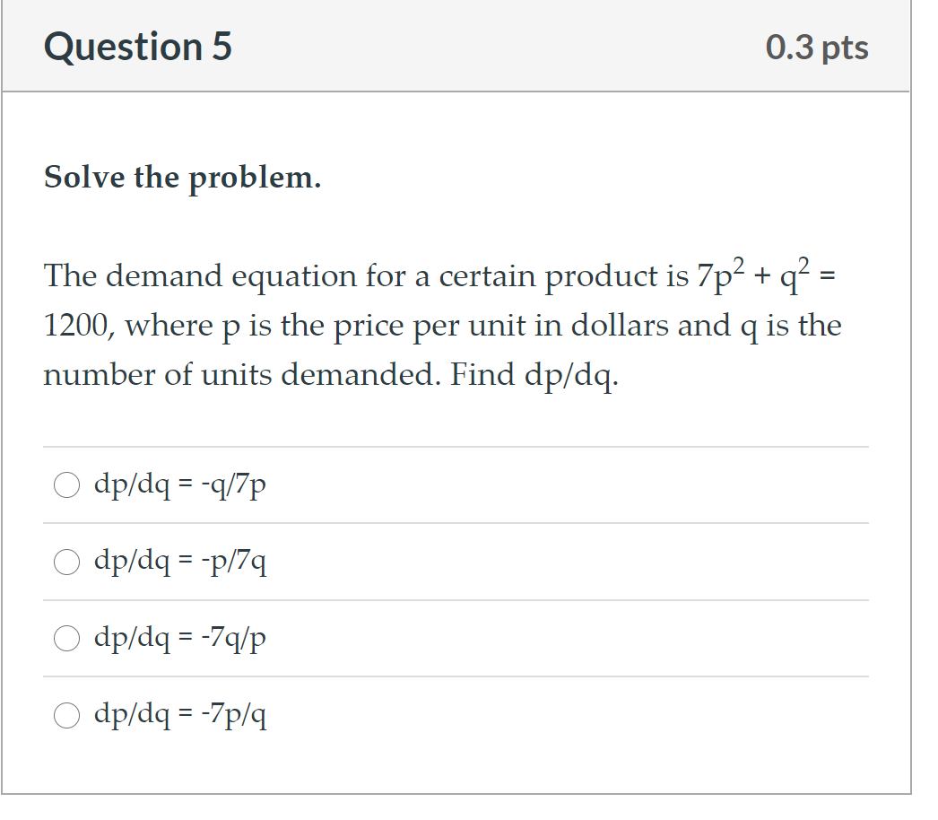 Solved Question 5 0.3 pts Solve the problem. The demand | Chegg.com