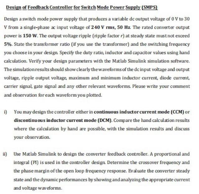 Solved Design of Feedback Controller for Switch Mode Power | Chegg.com
