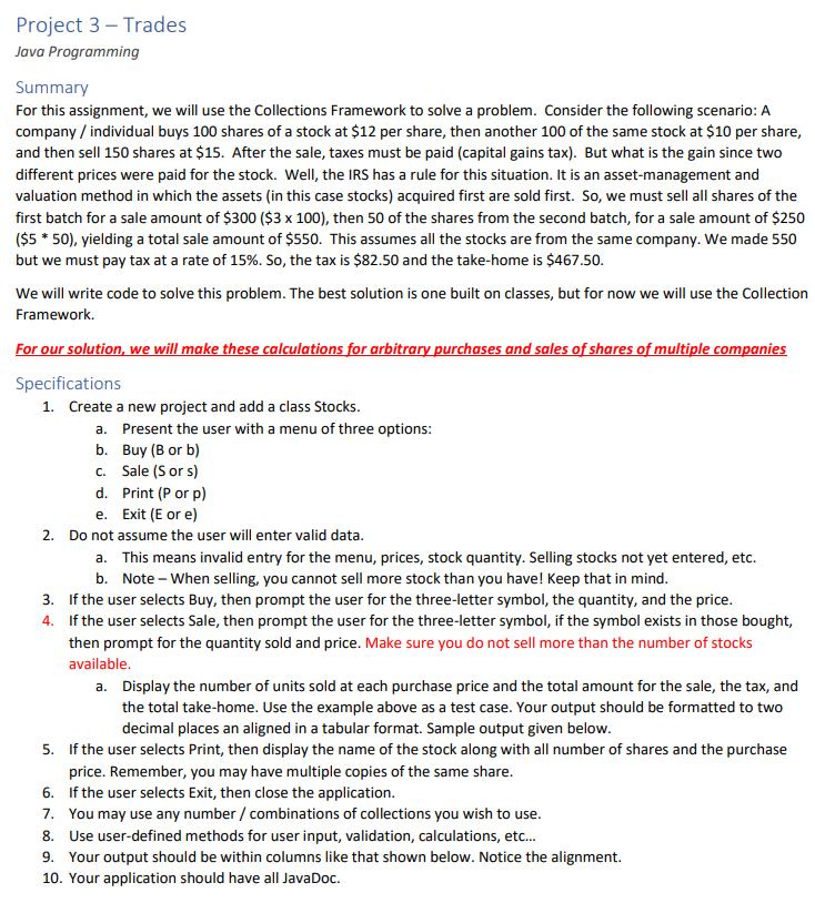 Solved Project 3 - Trades Java Programming Summary For this | Chegg.com