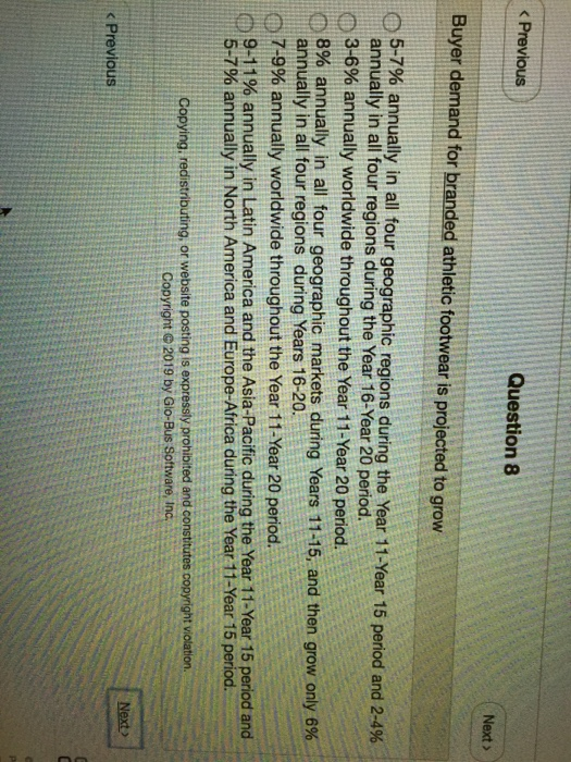 < previous question 8 next buyer demand for branded athletic footwear is projected to grow 5-7% annually in all four geograph