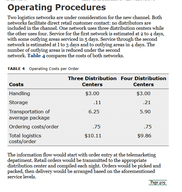 Operating Procedures
Two logistics networks are under consideration for the new channel. Both networks facilitate direct reta