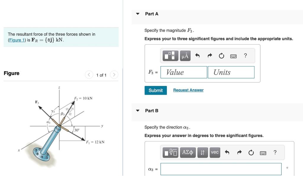 The resultant force of the three forces shown in Specify the magnitude \( F_{3} \). (Figure 1) is \( \mathbf{F}_{R}=\{8 \math